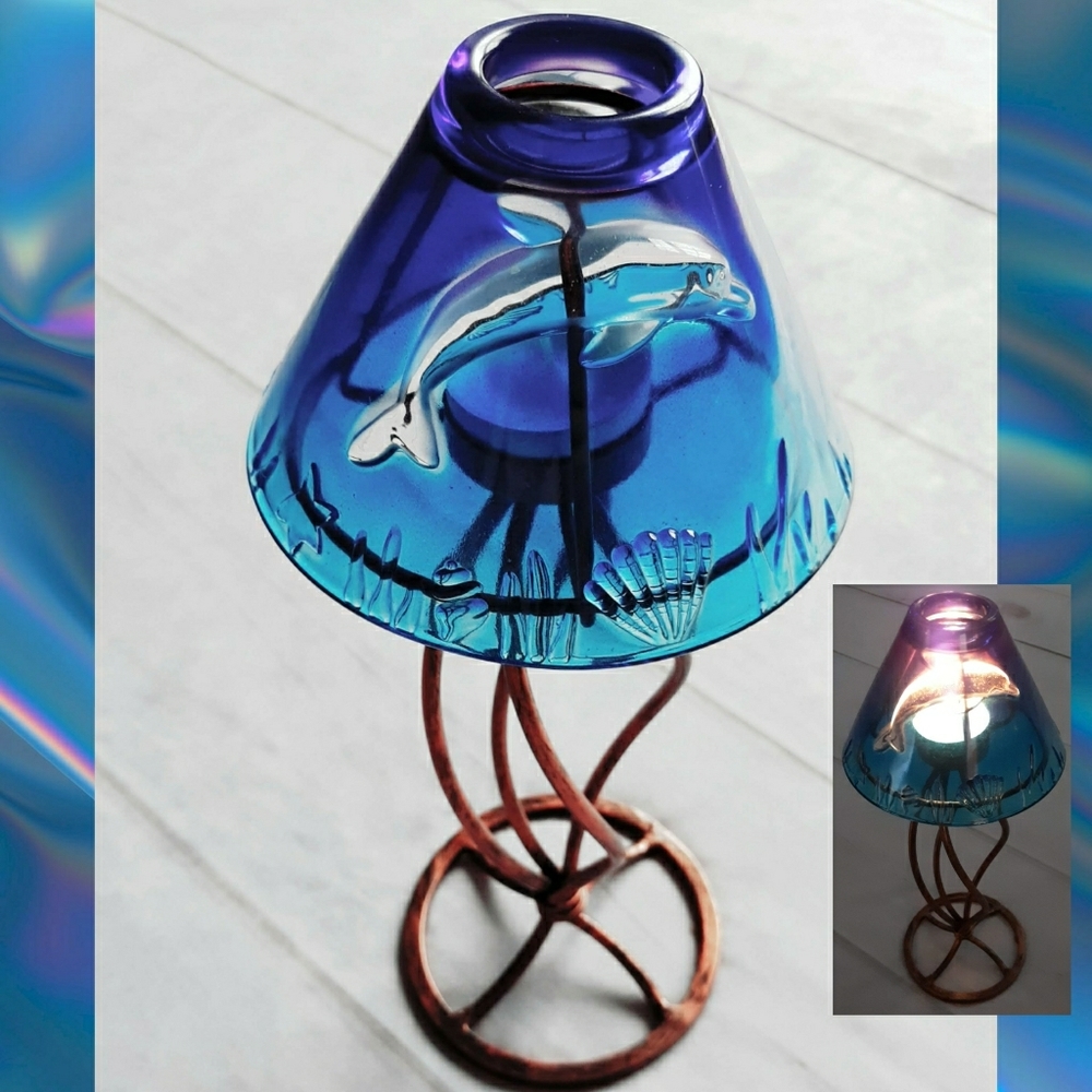 PAINTED DESERT Illuminations Candleholders Glass Blue Dolphin Tea Light Lamp